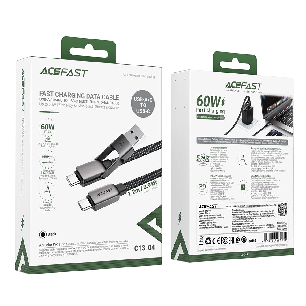 Cablu Date si Incarcare USB-C - USB-A / USB-C Acefast C13-04, 60W, 1.2m, Negru