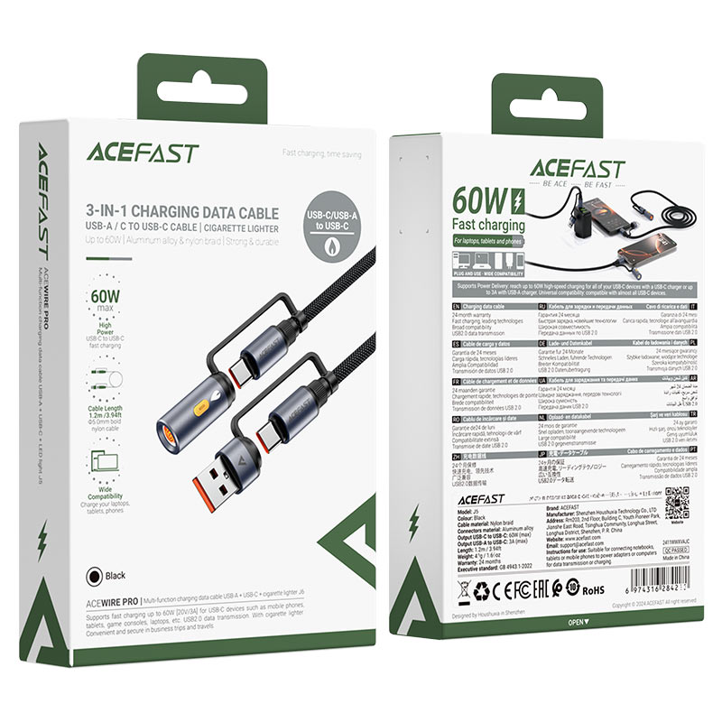 Cablu Date si Incarcare USB-C / USB-A - USB-C / Bricheta Electrica Acefast J6, 60W, 1.2m, Negru