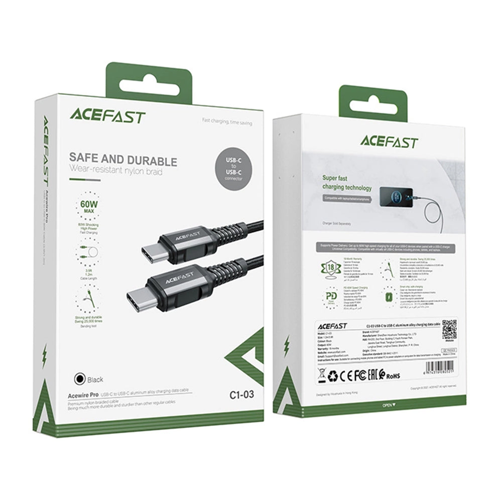 Cablu Date si Incarcare USB-C - USB-C Acefast C1-03, 60W, 1.2m, Negru