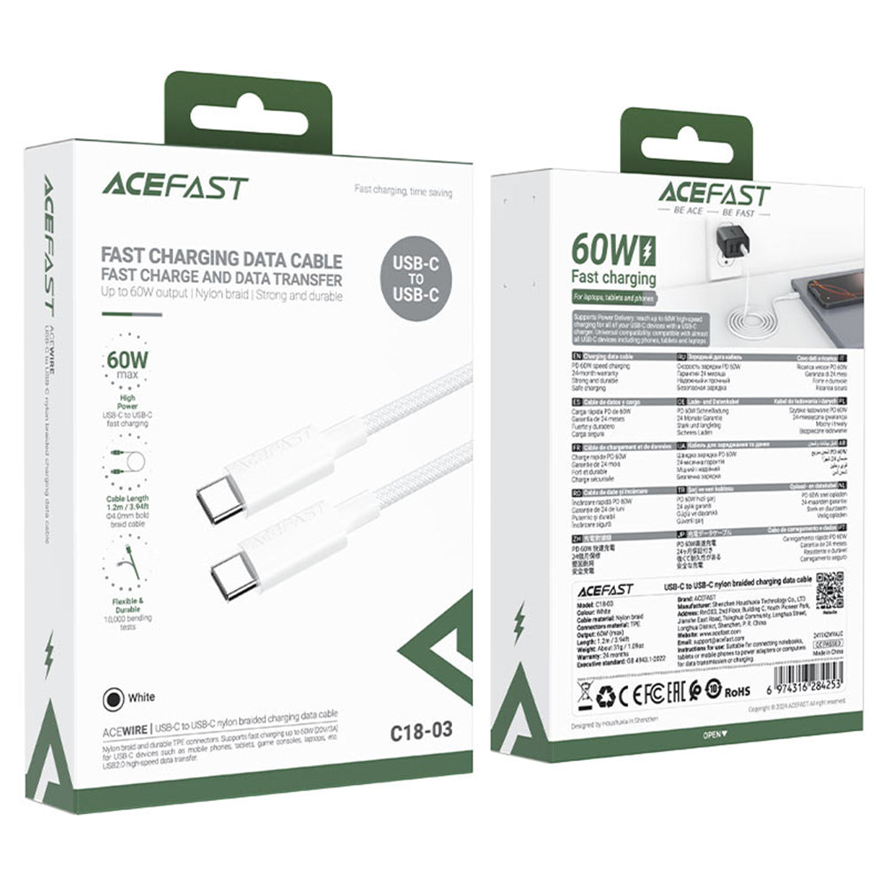 Cablu Date si Incarcare USB-C - USB-C Acefast C18-03, 60W, 1.2m, Alb