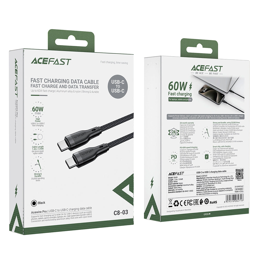 Cablu Date si Incarcare USB-C - USB-C Acefast C8-03, 60W, 1.2m, Negru