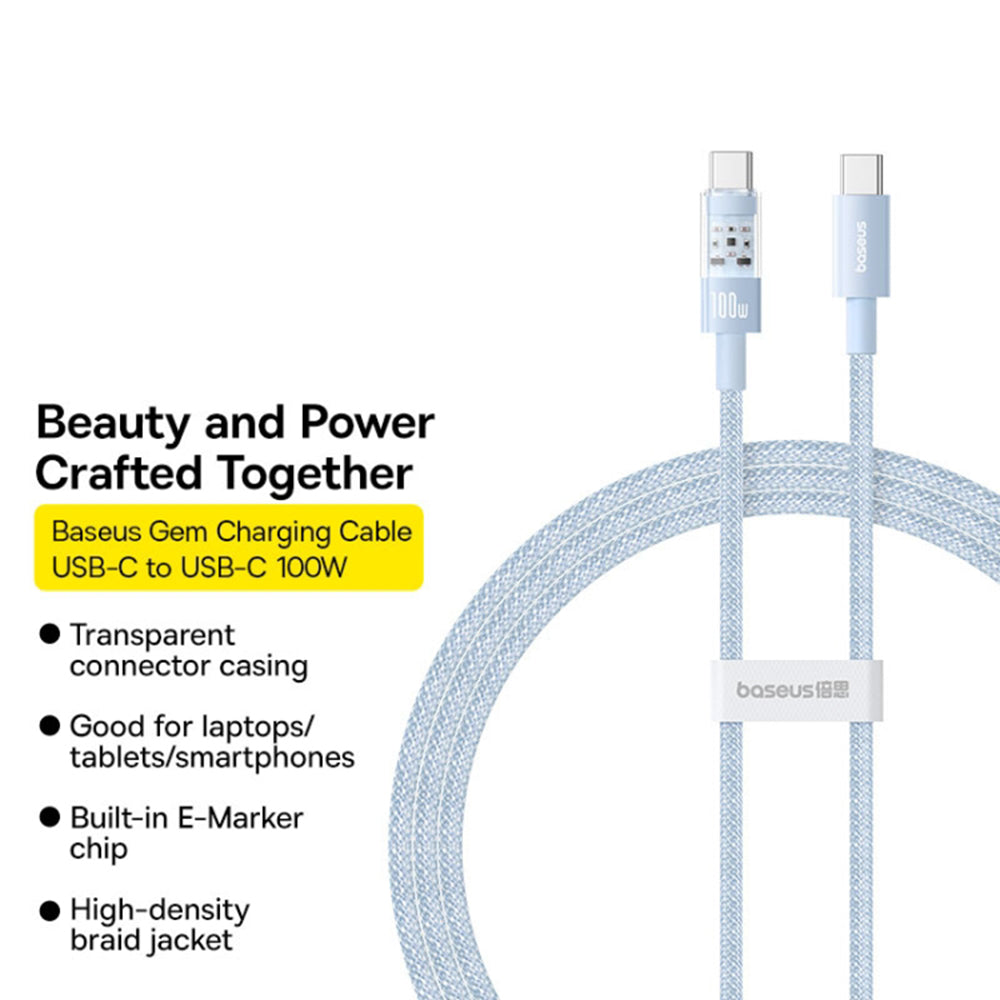 Cablu Date si Incarcare USB-C - USB-C Baseus Gem, 100W, 2m, Bleu P10373000311-01