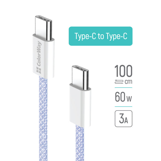 Cablu Date si Incarcare USB-C - USB-C ColorWay CW-CBPDCC061, 60W, 1m, Mov