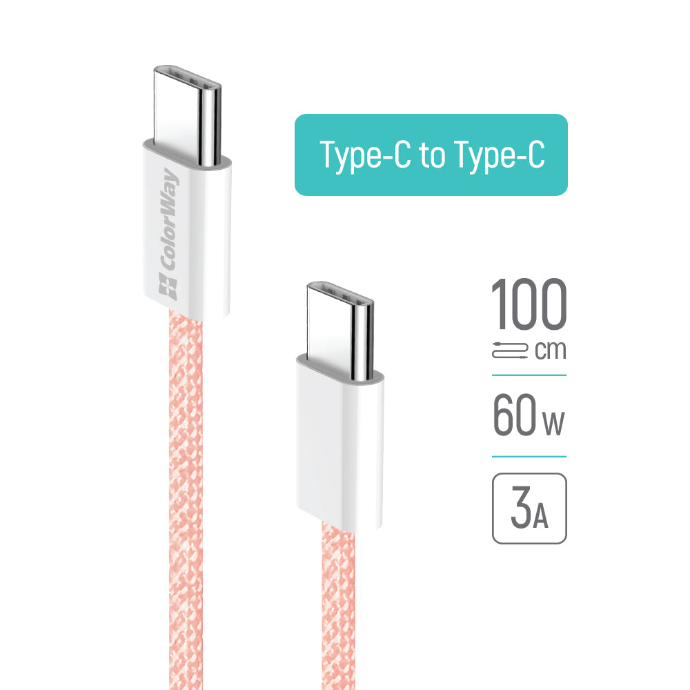 Cablu Date si Incarcare USB-C - USB-C ColorWay CW-CBPDCC061, 60W, 1m, Roz
