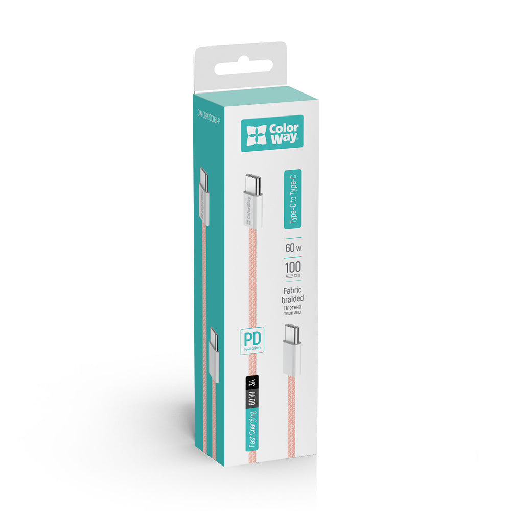 Cablu Date si Incarcare USB-C - USB-C ColorWay CW-CBPDCC061, 60W, 1m, Roz