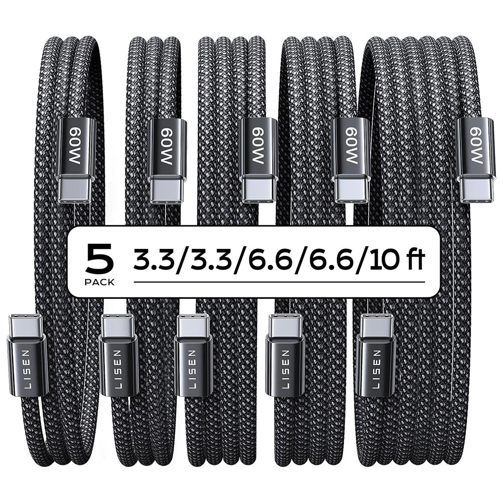 Cablu Date si Incarcare USB-C - USB-C Lisen, 60W, Set 5 bucati (2 x 1m, 2 x 2m, 1 x 3m), Negru YL0123070010