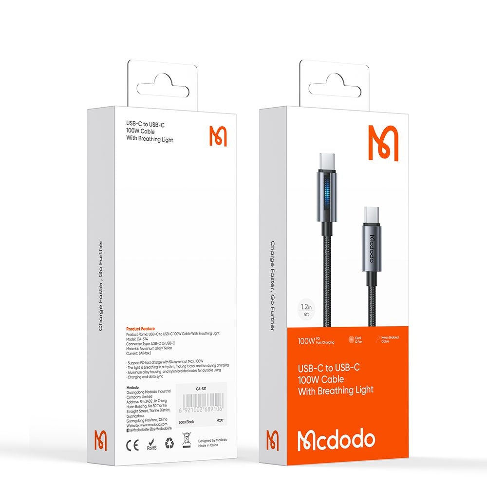 Cablu Date si Incarcare USB-C - USB-C McDodo CA-5740, 100W, 1.2m, Negru