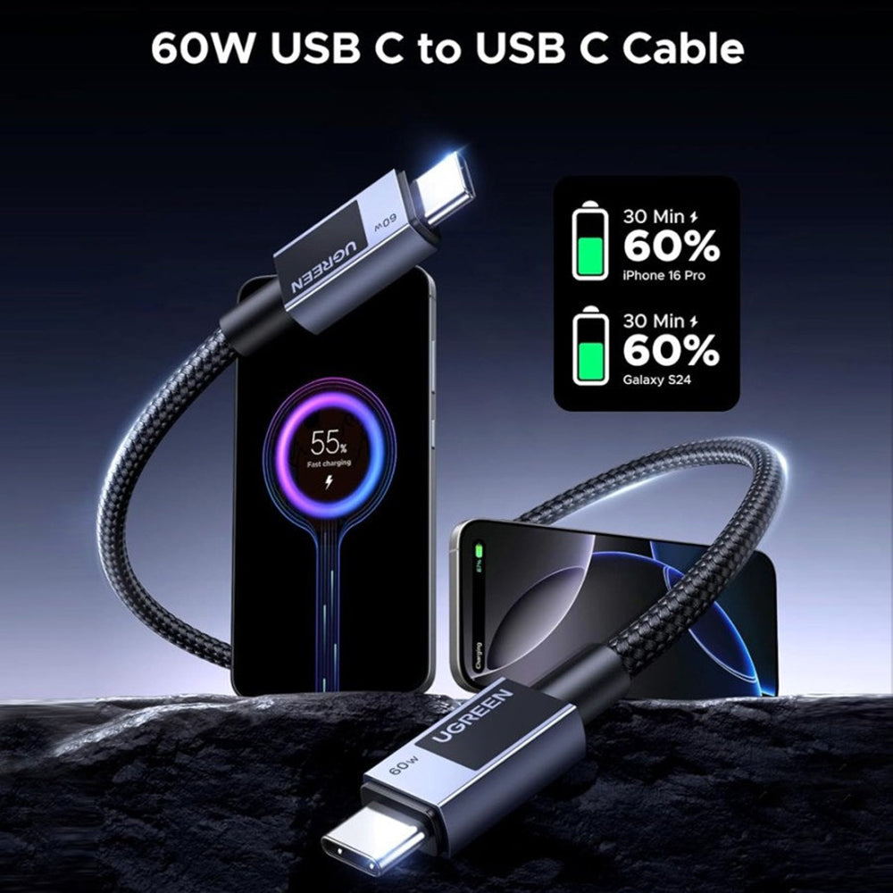 Cablu Date si Incarcare USB-C - USB-C UGREEN L524, 60W, 1m, Gri