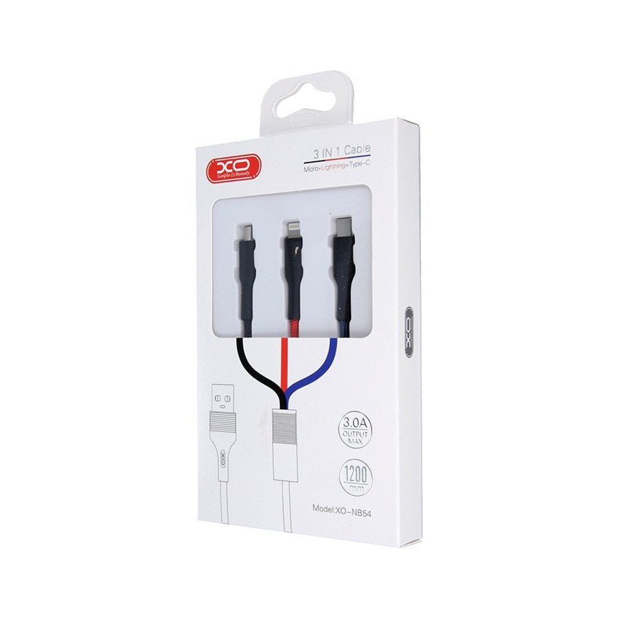Cablu Incarcare USB-A - Lightning / microUSB / USB-C XO Design NB54, 18W, 1.2m, Multicolor