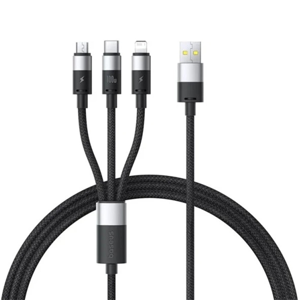 Cablu Incarcare USB-A - Lightning / microUSB / USB-C Baseus StarSpeed 3in1, 100W, 1.5m, Negru P10319900111-01