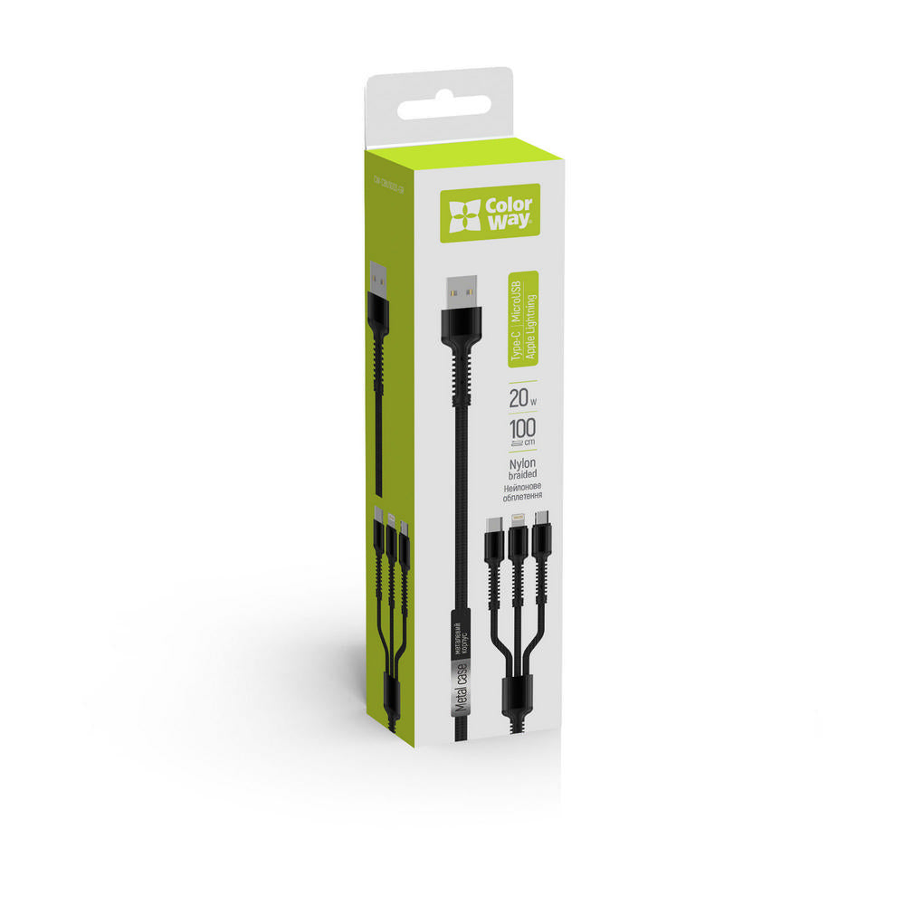 Cablu Incarcare USB-A - Lightning / microUSB / USB-C ColorWay CW-CBU3003, 20W, 1.2m, Gri