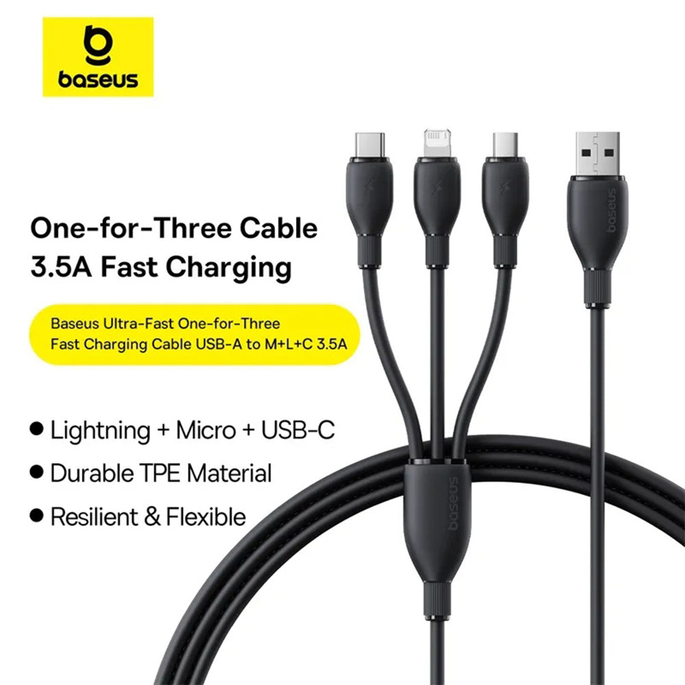 Cablu Incarcare USB-A - Lightning / microUSB / USB-C Baseus Ultra Fast 3in1, 20W, 0.8m, Negru P10377501111-00