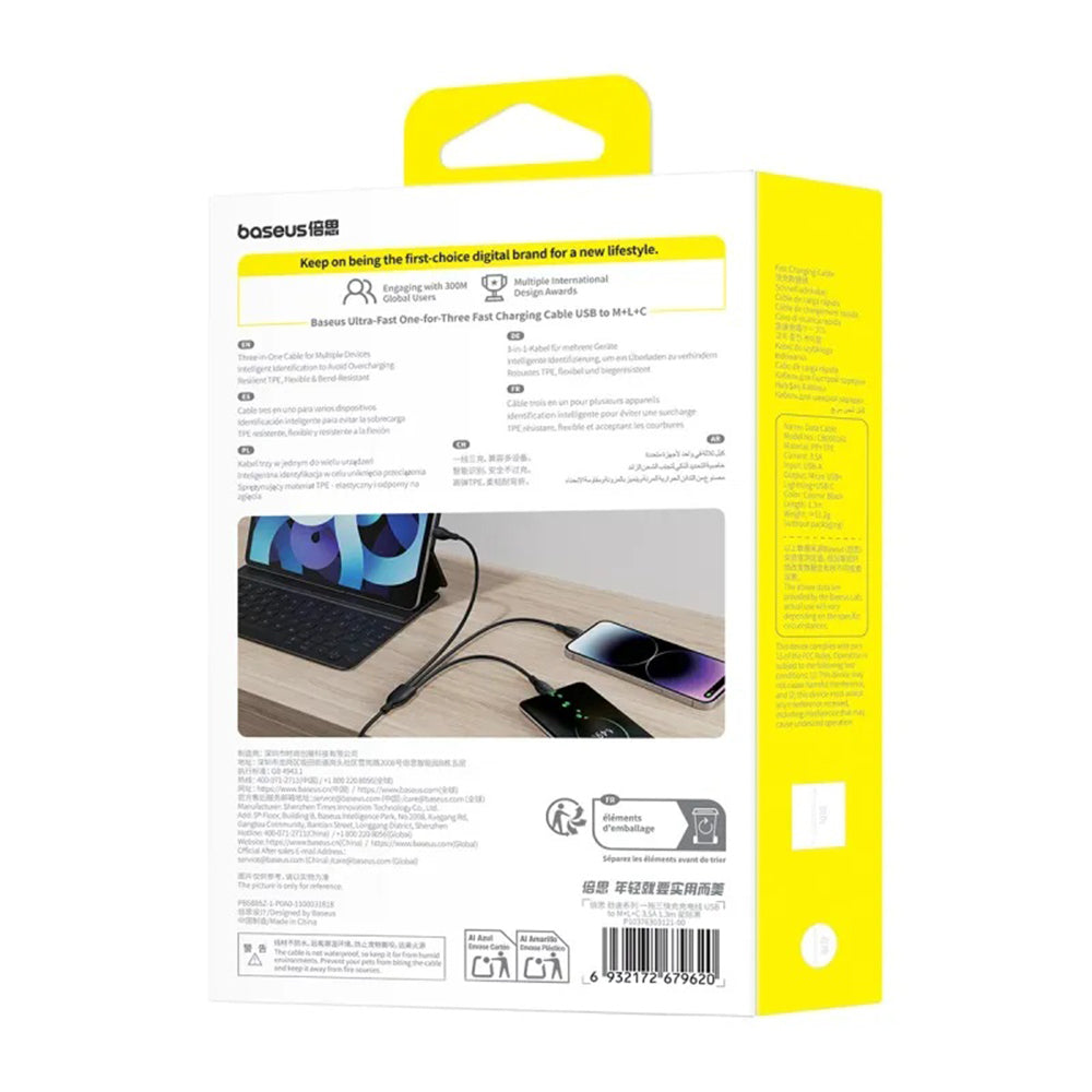 Cablu Incarcare USB-A - Lightning / microUSB / USB-C Baseus Ultra Fast 3in1, 20W, 0.8m, Negru P10377501111-00