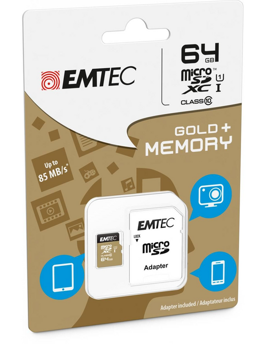 Card Memorie microSDXC Emtec Gold+, 64Gb, Clasa 10 / UHS-1 U1, Cu Adaptor ECMSDM64GXC10GP