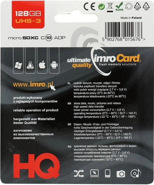 Card Memorie microSDXC Imro, 128Gb, Clasa 10 / UHS-1 U3, Cu Adaptor