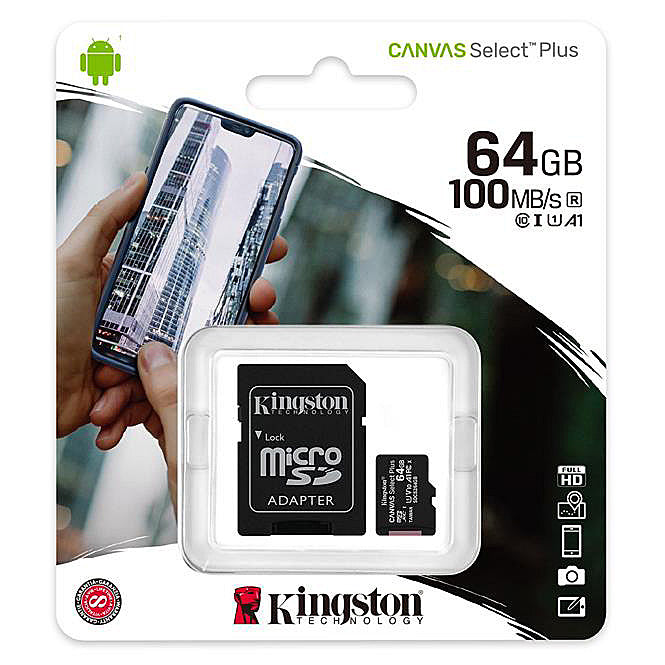 Card Memorie microSDXC Kingston Canvas Select Plus Android A1, 64Gb, Clasa 10 / UHS-1 U1, Cu Adaptor SDCS2/64GB