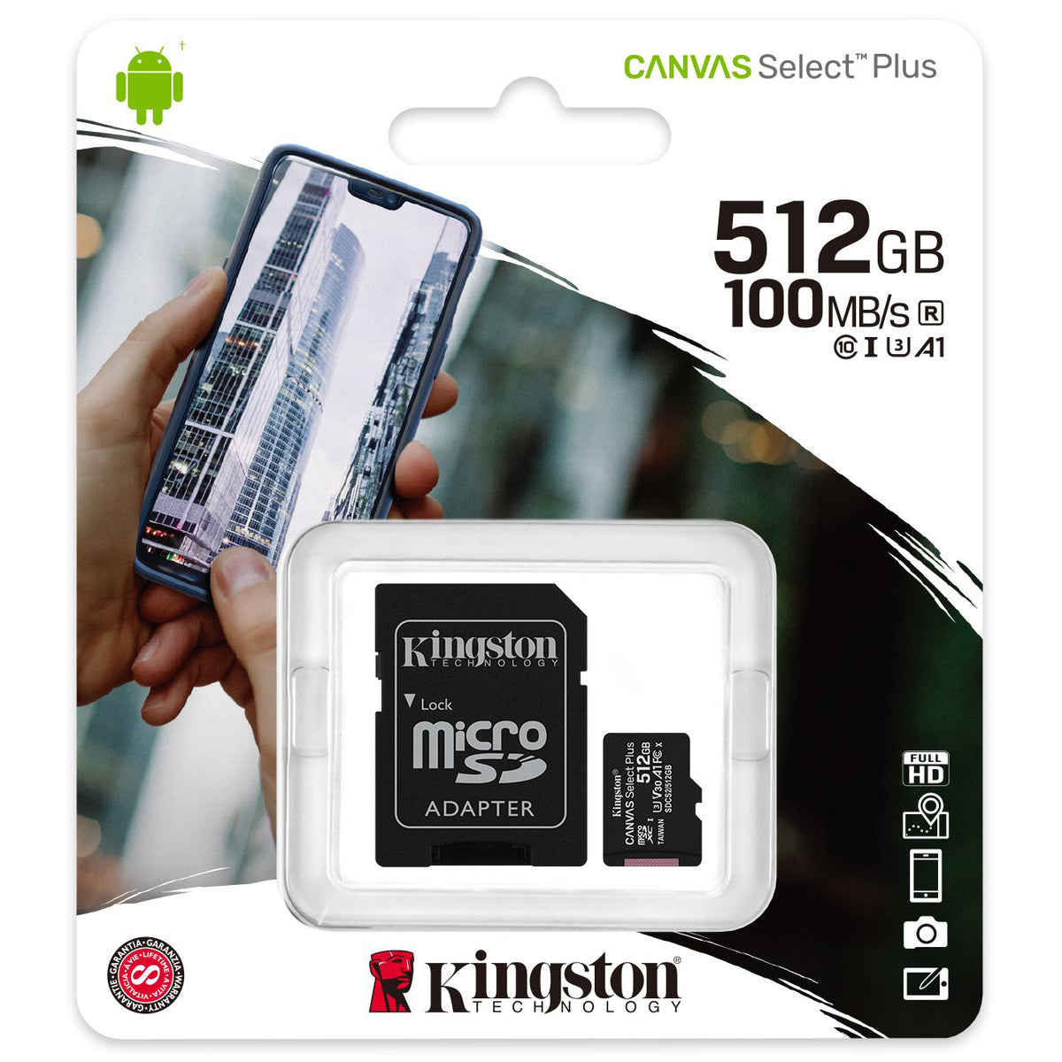 Card Memorie microSDXC Kingston Canvas Select Plus Android A1, 512Gb, Clasa 10 / UHS-1 U3, Cu Adaptor SDCS2/512GB
