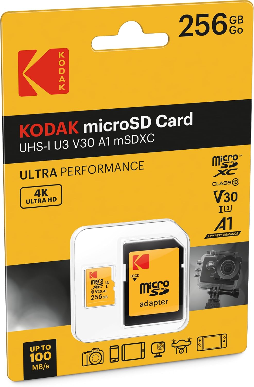 Card Memorie microSDXC Kodak Ultra Performance, 256Gb, Clasa 10 / UHS-1 U3, Cu Adaptor EKMSDM256GXC10HPRK