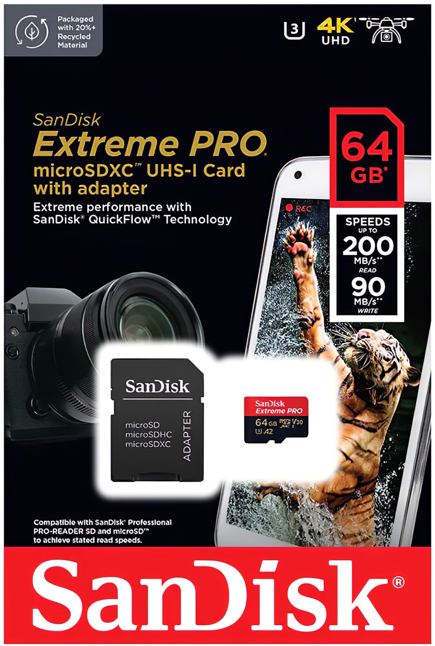 Card Memorie microSDXC SanDisk Extreme Pro, 64Gb, Clasa 10 / UHS-1 U3, Cu Adaptor SDSQXCU-064G-GN6MA