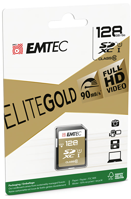 Card Memorie SDXC Emtec Elite Gold, 128Gb, Clasa 10 / UHS-1 U1 ECMSD128GXC10GP