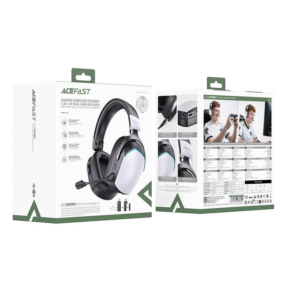 Casti Gaming Wireless Acefast H11, RGB, BT / Wi-FI / Wired, Albe