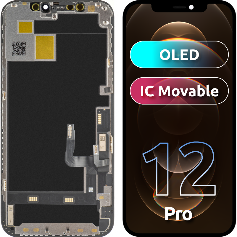 Display cu Touchscreen JK pentru Apple iPhone 12 / 12 Pro, cu Rama, Versiune OLED IC Movable, Negru
