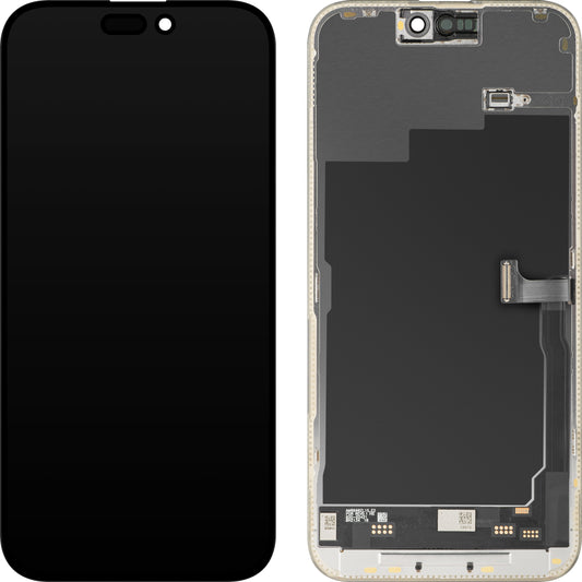 Display cu Touchscreen MP compatibil cu Apple iPhone 15 Pro Max, cu Rama, Versiune Soft OLED IC Movable 120Hz FHD, Negru