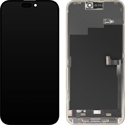 Display cu Touchscreen MP compatibil cu Apple iPhone 15 Pro Max, cu Rama, Versiune Premium Soft OLED FHD 120Hz, Negru