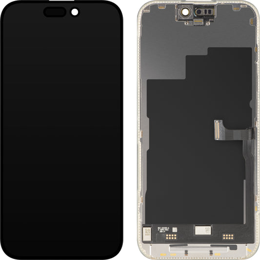 Display cu Touchscreen MP compatibil cu Apple iPhone 15 Pro, cu Rama, Versiune Premium Soft OLED FHD 120Hz, Negru