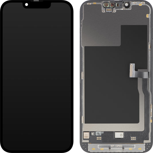 Display cu Touchscreen MP compatibil cu Apple iPhone 13 Pro, cu Rama, Versiune Premium Soft OLED FHD 120Hz Diagnostic, Negru
