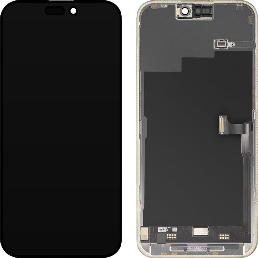 Display cu Touchscreen MP compatibil cu Apple iPhone 15 Pro Max, cu Rama, Versiune Premium Soft OLED FHD 120Hz Diagnostic, Negru