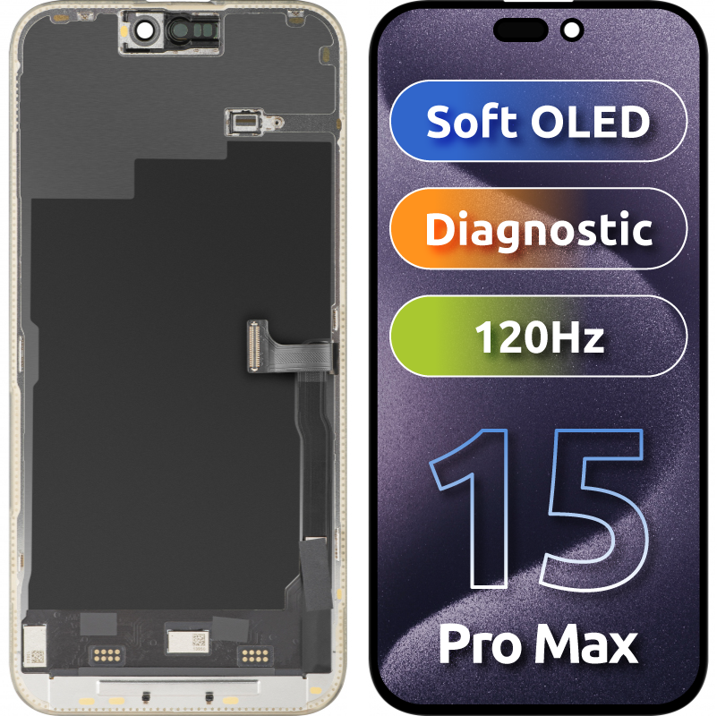 Display cu Touchscreen MP compatibil cu Apple iPhone 15 Pro Max, cu Rama, Versiune Soft OLED FHD 120Hz Diagnostic, Negru
