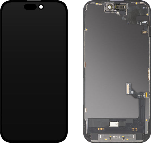 Display cu Touchscreen si Senzor Proximitate MP compatibil cu Apple iPhone 15, cu Rama, Versiune Soft OLED FHD Diagnostic, Negru