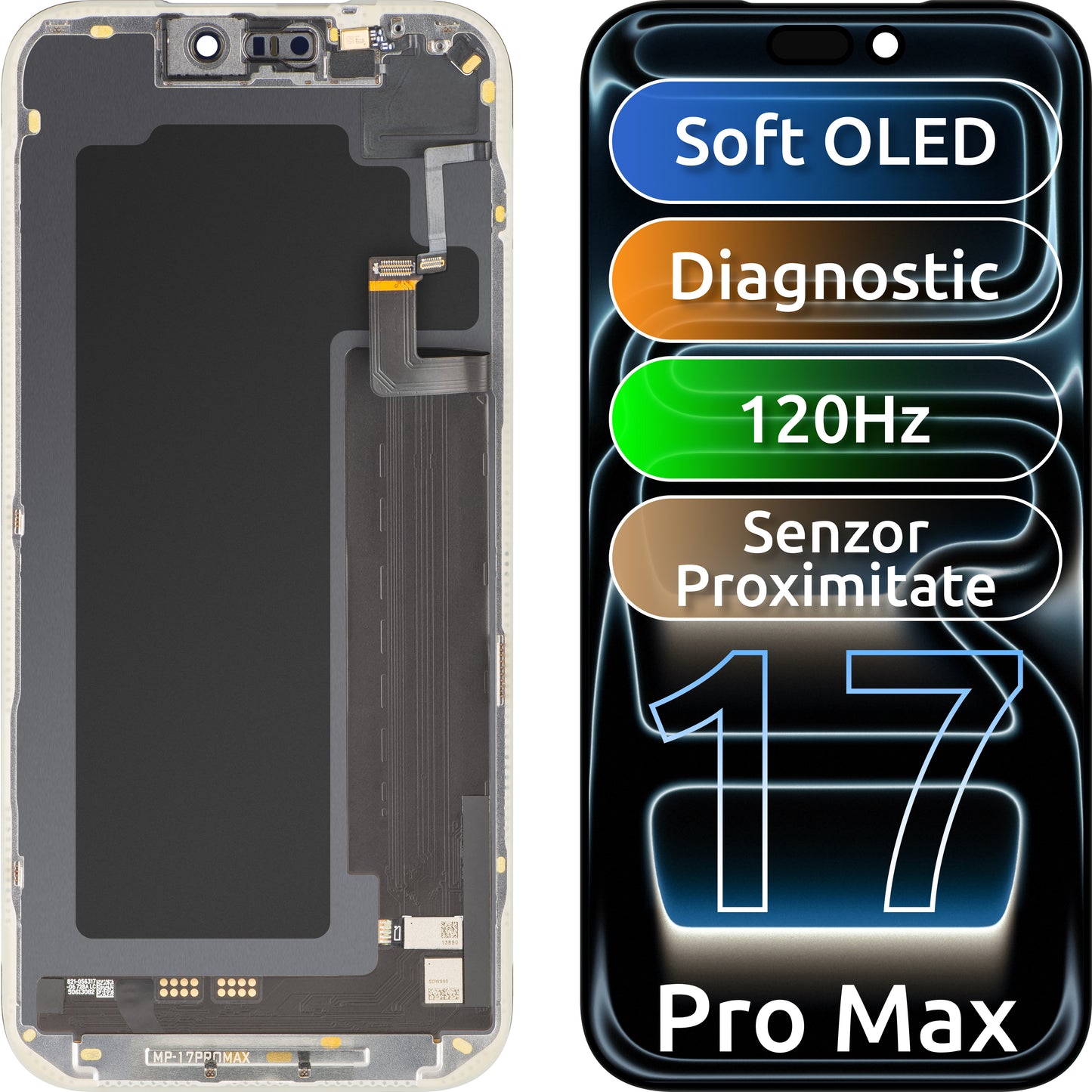Display cu Touchscreen si Senzor Proximitate Lumina MP compatibil cu Apple iPhone 17 Pro Max, cu Rama, Versiune Soft OLED FHD 120Hz Diagnostic, Negru