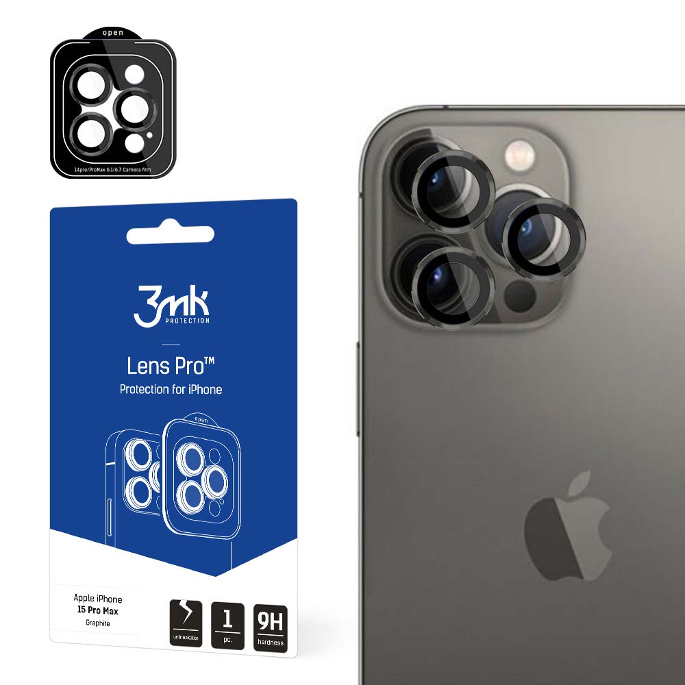 Folie de protectie Camera Spate 3MK pentru Apple iPhone 15 Pro Max, Sticla Securizata, Neagra