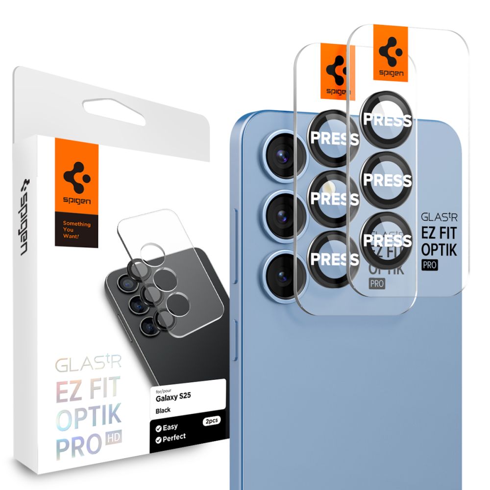 Folie de protectie Camera Spate Spigen GlastR EZ FIT Optik Pro HD pentru Samsung Galaxy S25 S931, Sticla Securizata, Set 2 bucati, Neagra AGL09092