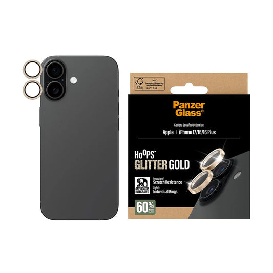 Folie de protectie Camera Spate PanzerGlass Hoops Glitter pentru Apple iPhone 17 / 16 Plus / 16, Sticla Securizata, Aurie