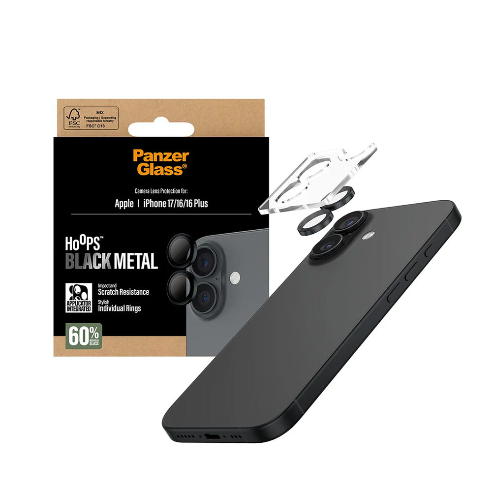 Folie de protectie Camera Spate PanzerGlass Hoops pentru Apple iPhone 17 / 16 Plus / 16, Sticla Securizata, Neagra