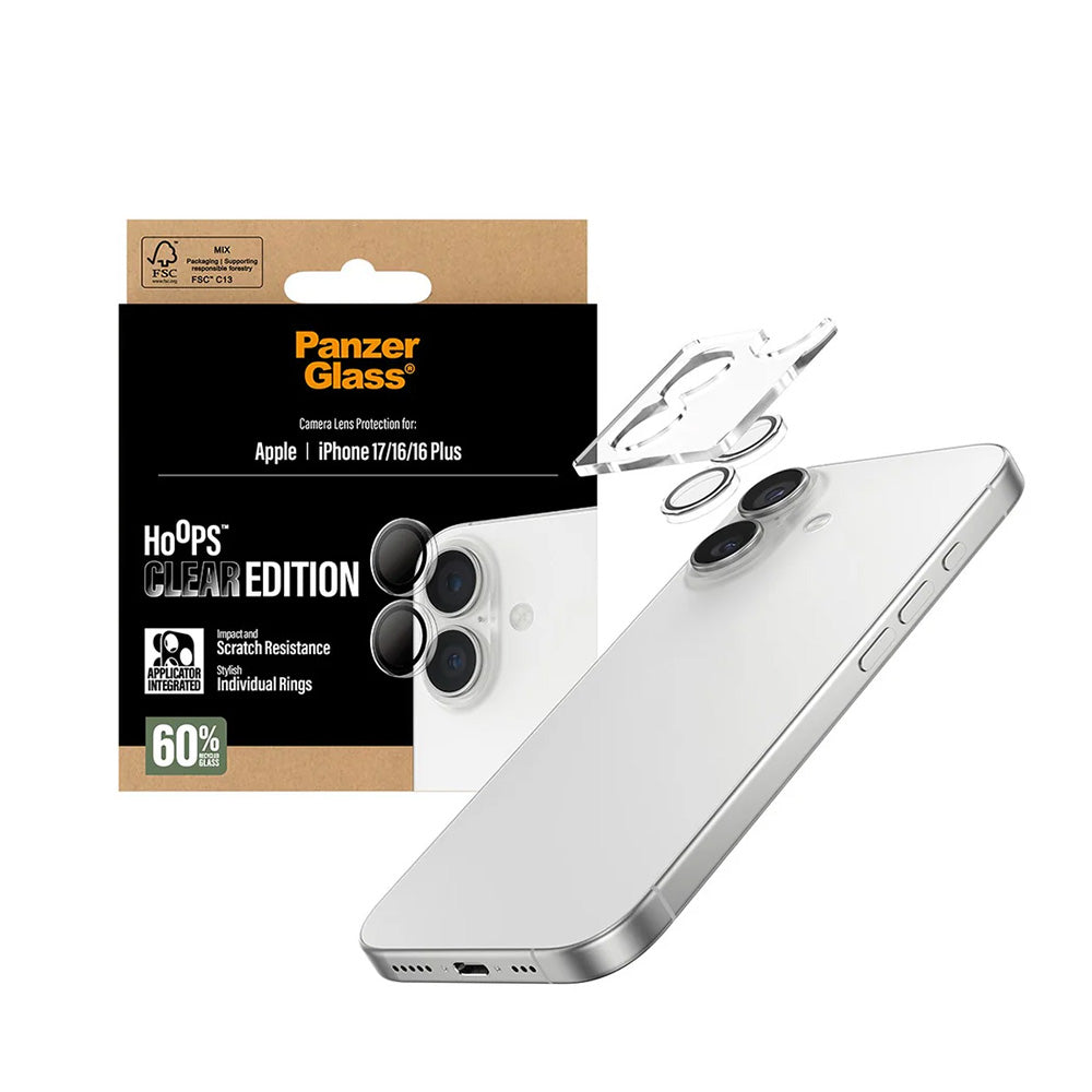 Folie de protectie Camera Spate PanzerGlass Hoops pentru Apple iPhone 17 / 16 Plus / 16, Sticla Securizata, Transparenta