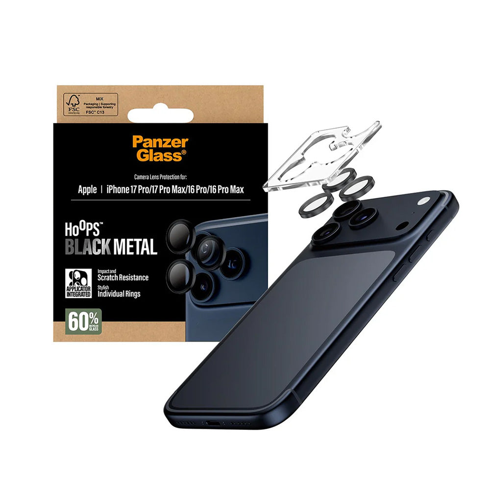 Folie de protectie Camera Spate PanzerGlass Hoops pentru Apple iPhone 17 Pro Max / 17 Pro / 16 Pro Max / 16 Pro, Sticla Securizata, Neagra