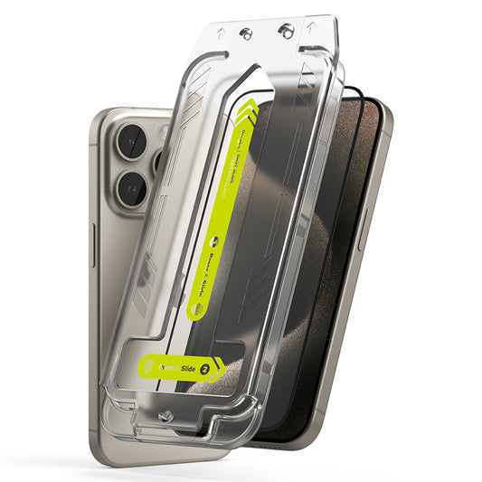 Folie de protectie Ecran Ringke Easy Slide pentru Apple iPhone 15 Pro Max, Sticla Securizata, Full Glue, Set 2 bucati, Neagra