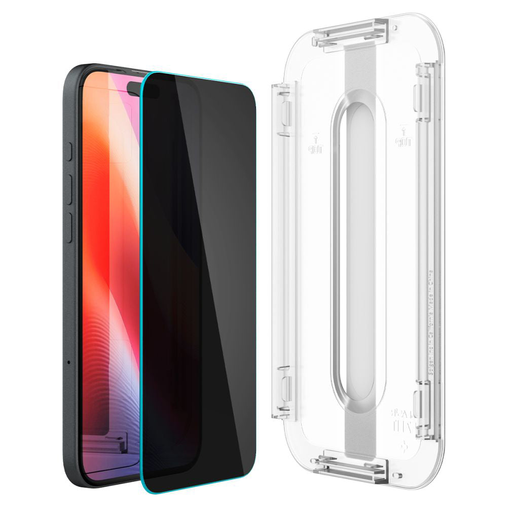Folie de protectie Ecran Privacy Spigen GlastR EZ FIT pentru Apple iPhone 16 / 15, Sticla Securizata, Full Glue, Set 2 bucati