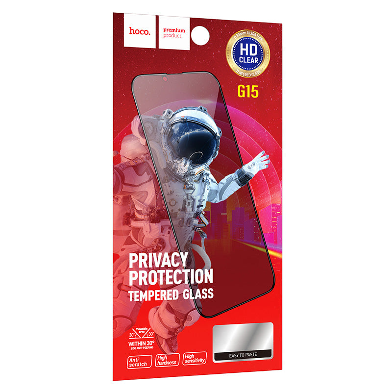 Folie de protectie Ecran Privacy HOCO G15 pentru Apple iPhone 16 / 15, Sticla Securizata, Full Glue, 5D