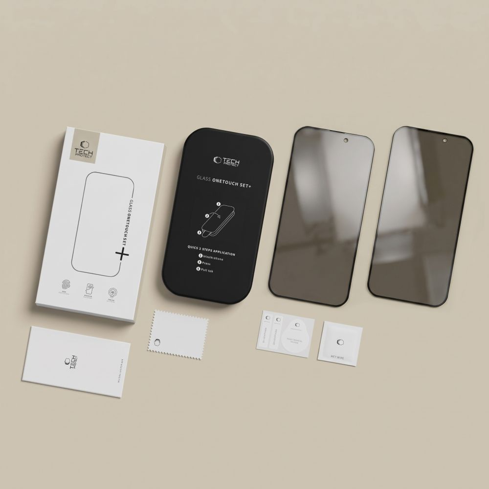 Folie de protectie Ecran Privacy Tech-Protect OneTouch pentru Apple iPhone 18 Pro, Sticla Securizata, Full Glue, Set 2 bucati