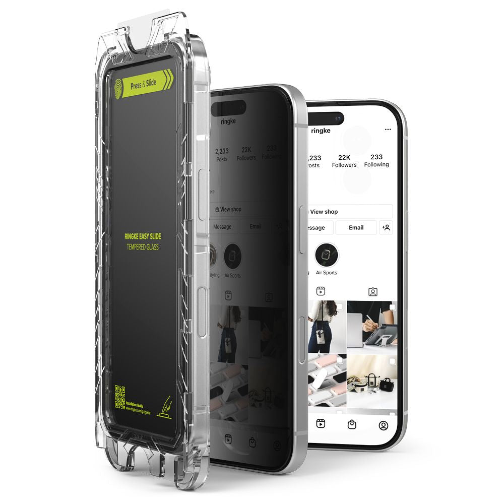 Folie de protectie Ecran Privacy Ringke Easy Slide pentru Apple iPhone 16 / 15, Sticla Securizata, Full Glue, Set 2 bucati