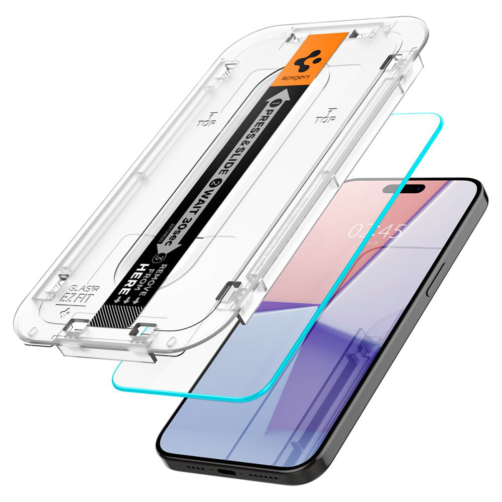 Folie de protectie Ecran Spigen GlastR EZ FIT pentru Apple iPhone 15 Pro Max, Sticla Securizata, Full Glue, Set 2 bucati AGL06872