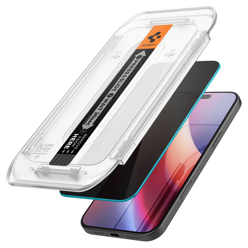 Folie de protectie Ecran Privacy Spigen GlastR EZ FIT pentru Apple iPhone 17 Pro / 17 / 16 Pro, Sticla Securizata, Full Glue, Set 2 bucati AGL07929