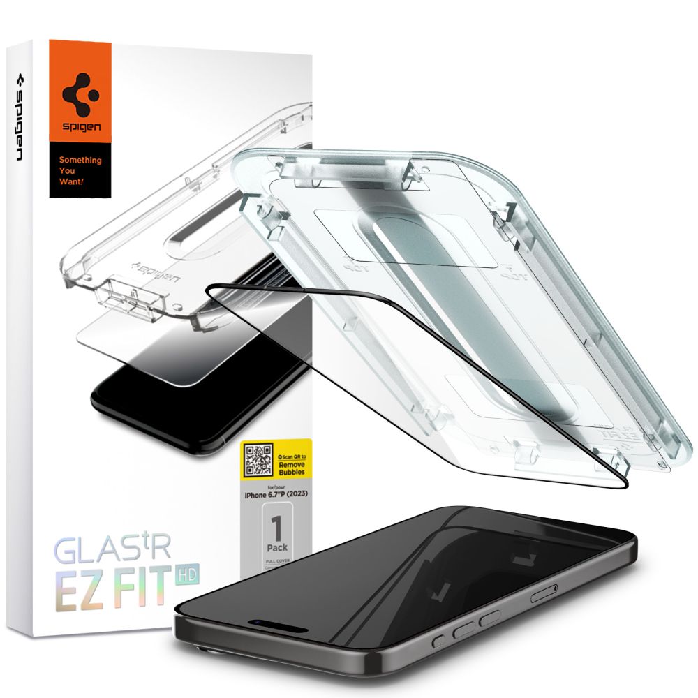 Folie de protectie Ecran Spigen GlastR EZ FIT HD pentru Apple iPhone 15, Sticla Securizata, Full Glue, 2.5D, Neagra AGL06908