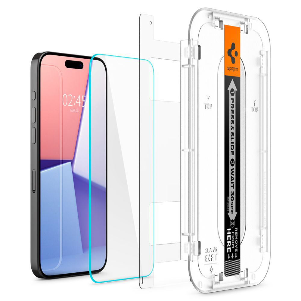 Folie de protectie Ecran Spigen GlastR EZ FIT pentru Apple iPhone 15 Pro Max, Sticla Securizata, Full Glue, Set 2 bucati AGL06872