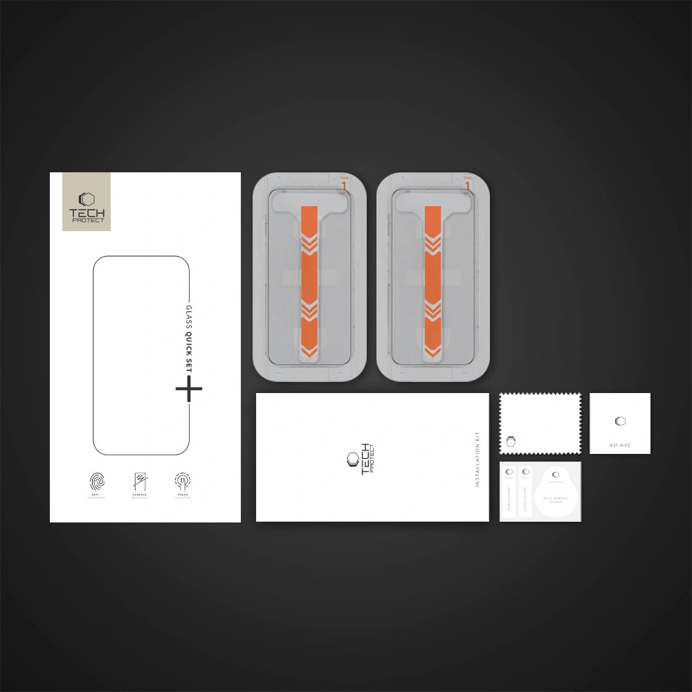 Folie de protectie Ecran Tech-Protect Quick Set+ pentru Apple iPhone 16 Pro, Sticla Securizata, Full Glue, Set 2 bucati, Neagra